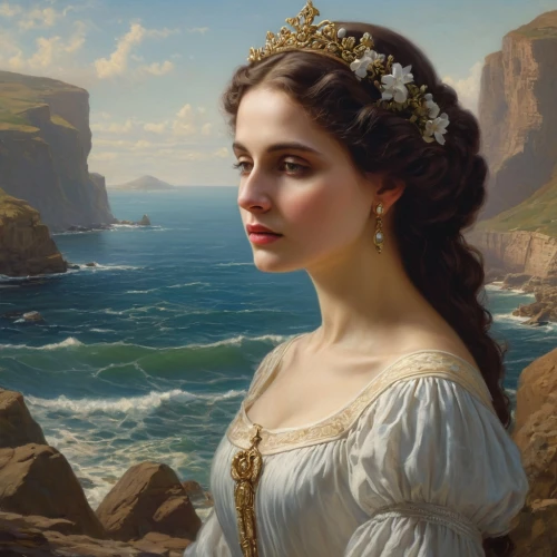 emile vernon,romantic portrait,the sea maid,fantasy portrait,celtic queen,mystical portrait of a girl,portrait of a girl,fantasy art,by the sea,sea landscape,diadem,bouguereau,girl on the river,fantasy picture,young woman,artemisia,portrait background,the wind from the sea,world digital painting,victorian lady,Photography,General,Natural