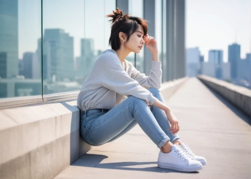 girl sitting,blue shoes,kayano,linen shoes,japanese woman,sneakers,woman sitting,anime japanese clothing,white boots,women shoes,woman shoes,woman thinking,girl in a long,depressed woman,thinking,women fashion,holding shoes,relaxed young girl,sneaker,pink shoes,Illustration,Japanese style,Japanese Style 18