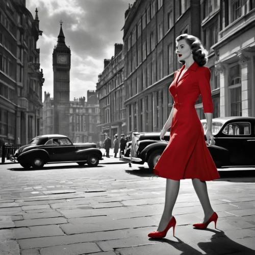 red shoes,man in red dress,lady in red,50's style,jane russell-female,photoshop manipulation,retro women,retro woman,red coat,woman walking,cordwainer,girl in red dress,image manipulation,pin up,1940 women,valentine day's pin up,photo manipulation,fifties,retro pin up girl,digital compositing,Photography,Black and white photography,Black and White Photography 08