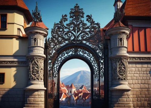 iron gate,front gate,city gate,portal,wood gate,archway,gateway,pointed arch,castle iron market,victory gate,gate,holsten gate,fence gate,iron door,witcher,oktoberfest background,fairy tale castle,metal gate,farm gate,gates,Illustration,American Style,American Style 06