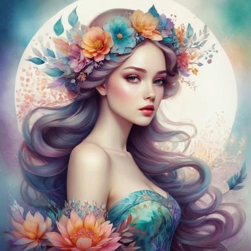 faery,fairy queen,fantasy portrait,faerie,flower fairy,fantasy art,mermaid background,blue moon rose,the sea maid,rosa 'the fairy,fairy tale character,mystical portrait of a girl,mermaid vectors,boho art,beautiful girl with flowers,fantasy woman,girl in flowers,wreath of flowers,elven flower,mermaid,Illustration,Realistic Fantasy,Realistic Fantasy 15