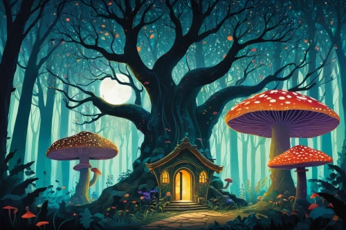 mushroom landscape,forest mushrooms,mushroom island,mushrooms,toadstools,forest mushroom,fairy forest,fairy house,amanita,fairy village,brown mushrooms,umbrella mushrooms,tree mushroom,cartoon forest,enchanted forest,fairytale forest,club mushroom,mushroom hat,halloween illustration,mushroom type,Illustration,Vector,Vector 08