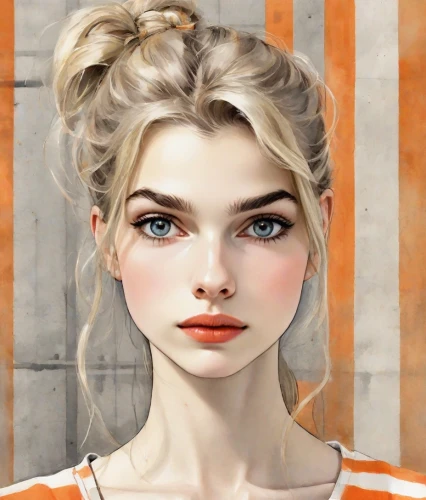 clementine,portrait background,girl portrait,orange,portrait of a girl,illustrator,cinnamon girl,retro girl,vanessa (butterfly),natural cosmetic,vintage girl,game illustration,fantasy portrait,orange color,french digital background,vector girl,blond girl,young woman,rust-orange,blonde woman,Digital Art,Watercolor