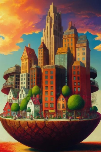 floating island,fantasy city,mushroom island,airship,airships,floating islands,panoramical,sky city,mushroom landscape,studio ghibli,globe,big apple,fantasy world,futuristic landscape,utopian,surrealism,musical dome,basil's cathedral,bird kingdom,surrealistic