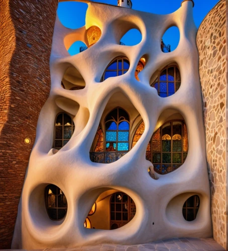 gaudí,cubic house,honeycomb structure,building honeycomb,medieval architecture,outdoor structure,hotel w barcelona,futuristic architecture,casa fuster hotel,clay house,cube house,jewelry（architecture）,lattice windows,cuborubik,frame house,iranian architecture,igloo,romanesque,architectural style,crooked house,Photography,General,Realistic