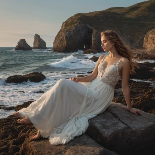 celtic woman,girl in a long dress,girl in white dress,aphrodite,aphrodite's rock,romantic portrait,girl on the dune,evening dress,gracefulness,sun bride,by the sea,idyll,bridal dress,wedding dresses,wedding gown,enchanting,long dress,romantic look,malibu,on the shore,Photography,General,Natural