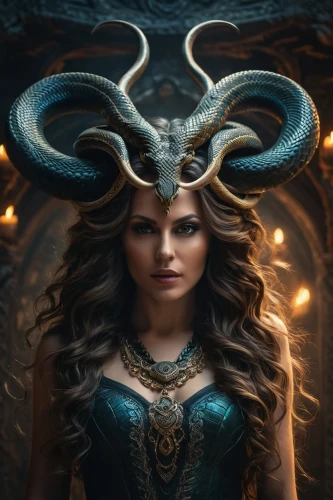 fantasy portrait,medusa,the enchantress,sorceress,horned,fantasy art,fantasy woman,capricorn,elven,zodiac sign libra,the zodiac sign taurus,taurus,lokportrait,evil fairy,3d fantasy,fantasy picture,fantasia,priestess,celtic queen,medusa gorgon,Photography,General,Fantasy