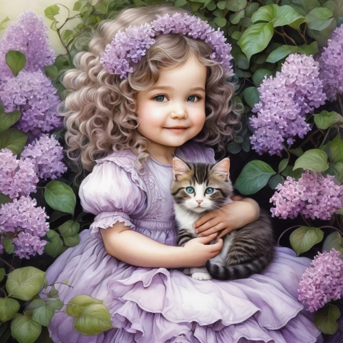 lilac flowers,oil painting on canvas,lilac bouquet,child portrait,oil painting,lilacs,precious lilac,lilac flower,lilac blossom,purple hydrangeas,girl in flowers,lilac tree,girl in a wreath,children's background,romantic portrait,beautiful girl with flowers,fantasy portrait,little boy and girl,kitten,purple lilac,Illustration,Realistic Fantasy,Realistic Fantasy 15