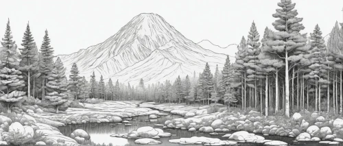 mountain scene,snowy peaks,mountain landscape,mountains,coniferous forest,spruce forest,salt meadow landscape,mountain,snow mountain,spruce-fir forest,mountainous landscape,larch forests,snow mountains,mountain slope,mountain range,mountainside,silvertip fir,mountain ranges,moutains,terrain,Illustration,Black and White,Black and White 09