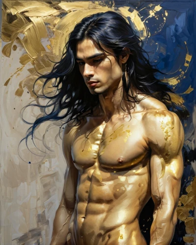 gold paint strokes,gold paint stroke,gold leaf,tarzan,world digital painting,digital painting,gold colored,gilding,gold lacquer,gold foil art,golden rain,perseus,gold foil mermaid,gold color,yellow skin,fantasy art,greek god,male character,gold foil,fantasy portrait
