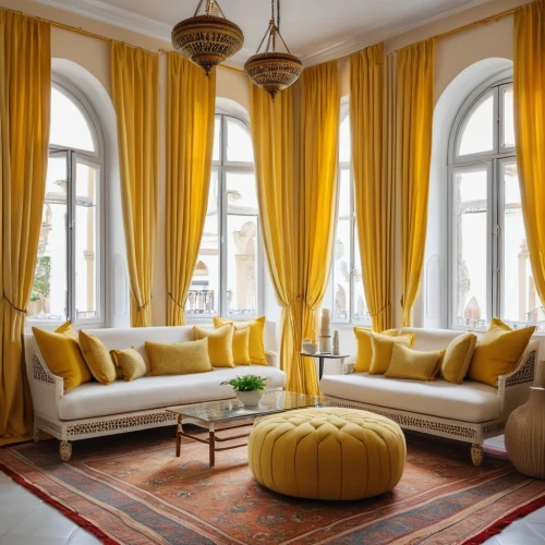 window treatment,yellow wallpaper,sitting room,ornate room,interior decor,moroccan pattern,french windows,ottoman,interior decoration,great room,window curtain,art nouveau design,apartment lounge,gold stucco frame,chaise lounge,sofa set,window valance,living room,curtains,interior design,Photography,General,Realistic