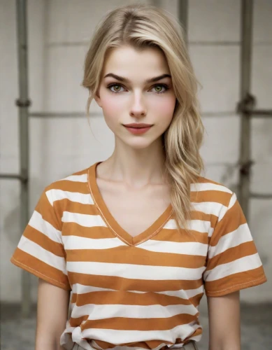 striped background,girl in t-shirt,horizontal stripes,olallieberry,polo shirt,cotton top,tee,short blond hair,realdoll,angelica,liberty cotton,pretty young woman,blonde woman,portrait background,in a shirt,beautiful young woman,orange,clementine,natural cosmetic,orange color,Photography,Natural