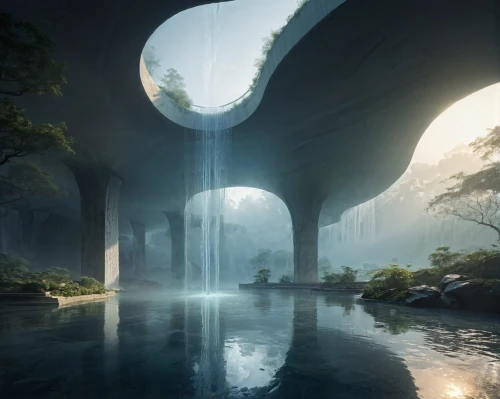 futuristic landscape,fantasy landscape,virtual landscape,cave on the water,futuristic architecture,underground lake,underwater oasis,waterscape,crescent spring,myst,underwater landscape,water mist,fractal environment,portals,water cube,water lotus,rainbow bridge,futuristic art museum,3d fantasy,asian architecture