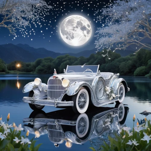 moon car,rolls-royce silver ghost,bridal car,moonlit night,antique car,rolls-royce silver dawn,vintage cars,classic cars,packard caribbean,moon rover,wedding car,vintage car,classic car,rolls-royce phantom i,horch 853,moonlit,moonshine,american classic cars,oldtimer car,blue moon,Illustration,Realistic Fantasy,Realistic Fantasy 02