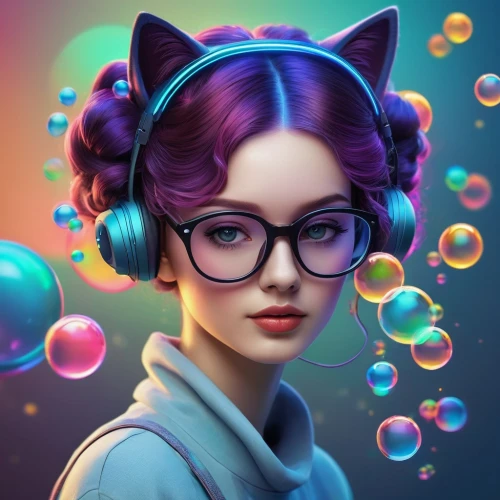 fantasy portrait,retro girl,world digital painting,girl with speech bubble,headphone,girl portrait,headset,librarian,cg artwork,wireless headset,portrait background,mystical portrait of a girl,retro woman,digital art,donut illustration,bubbles,headphones,80s,digital painting,custom portrait,Illustration,Realistic Fantasy,Realistic Fantasy 35