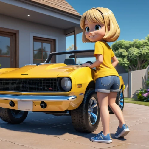 girl and car,muscle car cartoon,bumblebee,datsun 510,cartoon car,dodge ram rumble bee,yellow car,dodge la femme,3d car model,subaru brat,lincoln capri,pontiac ventura,girl washes the car,ford lightning,chevrolet opala,datsun sports,camaro,car model,chevrolet,dacia,Unique,3D,3D Character