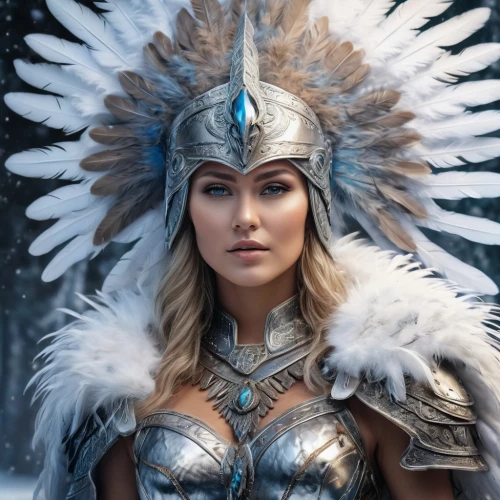 warrior woman,ice queen,female warrior,feather headdress,archangel,fantasy woman,ice princess,goddess of justice,valhalla,the snow queen,athena,headdress,nordic,garuda,suit of the snow maiden,norse,the archangel,american indian,fantasy warrior,viking,Photography,Artistic Photography,Artistic Photography 04