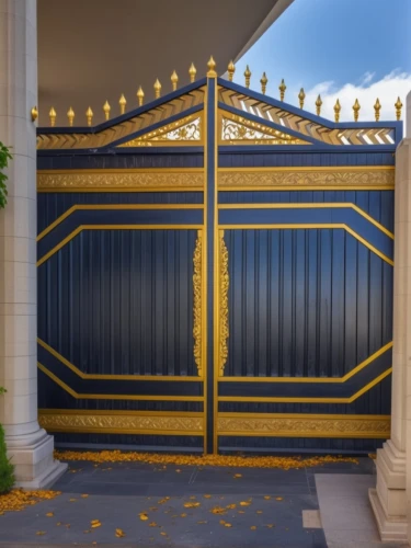 metallic door,majorelle blue,garden door,art deco background,theater curtains,exterior decoration,gold art deco border,theater curtain,garage door,theatre curtains,art deco border,blue doors,ornamental dividers,steel door,gold stucco frame,fence gate,metal gate,moroccan pattern,stage curtain,facade painting,Photography,General,Realistic