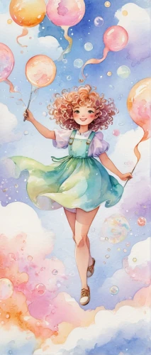 little girl with balloons,flying dandelions,little girl in wind,fairies aloft,girl with speech bubble,cloud play,dandelion flying,watercolor background,flying girl,sky rose,fall from the clouds,little clouds,dream world,rainbow clouds,paper clouds,flying seed,weightless,pink balloons,summer sky,watercolor baby items,Illustration,Paper based,Paper Based 25