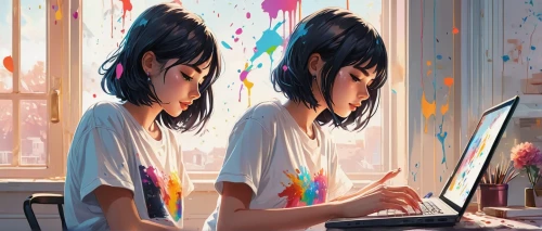 girl studying,girl at the computer,girl drawing,world digital painting,illustrator,2d,painting technique,anime 3d,two girls,noodle image,girl in a long,girl sitting,painter,artist color,anime girl,girl in t-shirt,study,animator,kids illustration,digital painting,Conceptual Art,Graffiti Art,Graffiti Art 08