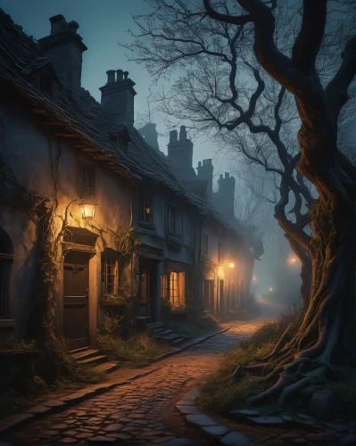 medieval street,the cobbled streets,witch's house,houses silhouette,old linden alley,fantasy landscape,medieval town,fantasy picture,crooked house,night scene,evening atmosphere,atmospheric,robin hood's bay,world digital painting,cobblestone,cottages,shaftesbury,narrow street,witch house,cheshire,Illustration,Realistic Fantasy,Realistic Fantasy 27
