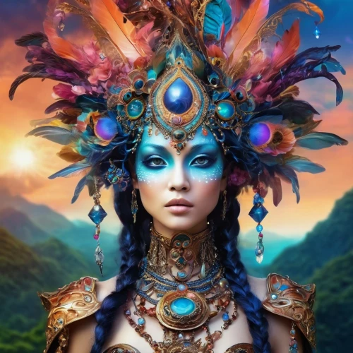 fantasy art,headdress,fantasy portrait,the enchantress,shamanic,shamanism,fantasy woman,blue enchantress,faerie,faery,fairy peacock,fantasy picture,priestess,mystical portrait of a girl,headpiece,mother earth,fairy queen,indian headdress,3d fantasy,fractals art,Illustration,Realistic Fantasy,Realistic Fantasy 37