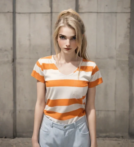 girl in t-shirt,horizontal stripes,polo shirt,striped,tee,liberty cotton,striped background,clementine,stripes,eleven,orange,teen,tshirt,poppy,cotton top,stripe,orange color,lily-rose melody depp,in a shirt,angelica,Photography,Natural