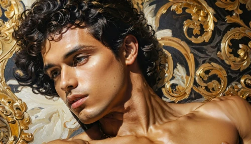 gold paint strokes,gilding,gold paint stroke,male model,gold lacquer,greek god,adonis,retouching,italian painter,abdel rahman,bernini,skin texture,matador,airbrushed,versace,prince,oil on canvas,george russell,retouch,alex andersee