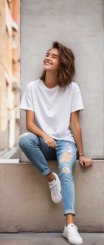 girl on a white background,jeans background,girl in t-shirt,girl sitting,a girl's smile,menswear for women,white shirt,long-sleeved t-shirt,concrete background,woman sitting,female model,white clothing,girl in a long,relaxed young girl,girl on the stairs,isolated t-shirt,ecstatic,portrait background,denim background,women clothes,Photography,Fashion Photography,Fashion Photography 07