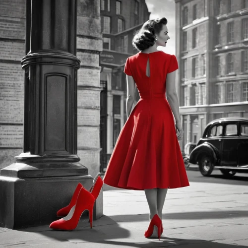 red shoes,lady in red,man in red dress,50's style,vintage 1950s,hepburn,vintage fashion,girl in red dress,jane russell-female,valentine day's pin up,bright red,red-hot polka,woman shoes,high heeled shoe,olivia de havilland,marylin monroe,rouge,pointed shoes,red gown,red milan,Photography,Black and white photography,Black and White Photography 08