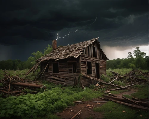 log home,nature's wrath,thunderstorm,tornado,log cabin,home destruction,witch's house,house insurance,witch house,uprooted,abandoned house,tornado drum,storm damage,lostplace,wooden hut,sheds,lonely house,storm,stormy sky,photo manipulation,Art,Artistic Painting,Artistic Painting 35