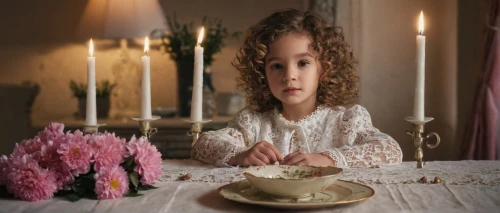 shabbat candles,holy communion,girl with cereal bowl,girl praying,little girl in pink dress,communion,the little girl,first communion,place setting,eucharist,shirley temple,candlemas,the little girl's room,zoroastrian novruz,candlestick for three candles,child portrait,tablescape,vintage china,eucharistic,girl in the kitchen,Photography,General,Natural