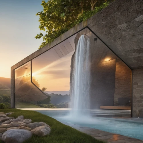 water wall,luxury bathroom,cubic house,house in mountains,modern architecture,futuristic architecture,modern house,3d rendering,house in the mountains,pool house,house by the water,water feature,exposed concrete,mirror house,water cube,spa water fountain,landscape design sydney,dunes house,futuristic landscape,glass wall,Photography,General,Realistic