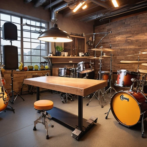 creative office,loft,music instruments on table,music studio,music workstation,rental studio,sound space,music venue,music store,working space,guitar easel,recording studio,guitar bridge,drum kit,home studios,remo ux drum head,barstools,sound studio,bar stools,photography studio,Photography,General,Realistic