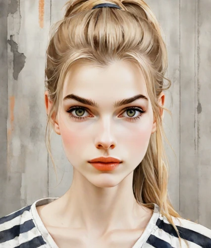 girl portrait,portrait background,portrait of a girl,doll's facial features,natural cosmetic,clementine,realdoll,fashion vector,vintage girl,illustrator,woman face,world digital painting,young woman,blond girl,vintage makeup,chignon,fashion illustration,girl drawing,digital painting,mystical portrait of a girl,Digital Art,Watercolor