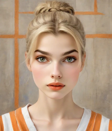 clementine,girl portrait,portrait of a girl,portrait background,natural cosmetic,vintage girl,retro girl,young woman,digital painting,doll's facial features,world digital painting,realdoll,mystical portrait of a girl,vintage makeup,fantasy portrait,blond girl,orange,illustrator,woman face,beauty face skin,Digital Art,Classicism