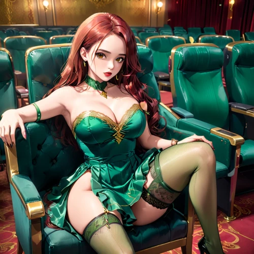 neo-burlesque,poison ivy,burlesque,emerald,poker primrose,sitting on a chair,velvet elke,mari makinami,absinthe,redhead doll,celtic queen,dollfie,seated,green dress,nami,kotobukiya,mikuru asahina,cosplay image,fantasy girl,female doll,Anime,Anime,General