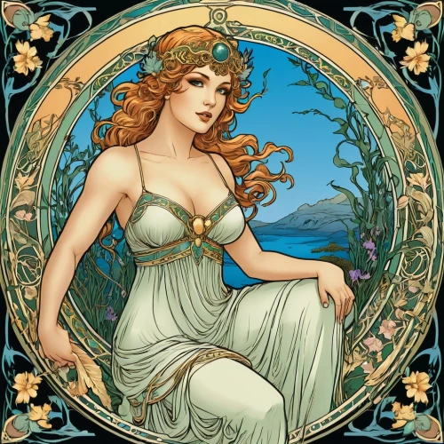 art nouveau,art nouveau design,rusalka,mucha,aphrodite,art nouveau frame,art nouveau frames,cybele,water nymph,jessamine,venetia,dryad,artemis,emile vernon,zodiac sign libra,horoscope libra,virgo,greek myth,artemisia,the sea maid,Illustration,Retro,Retro 13