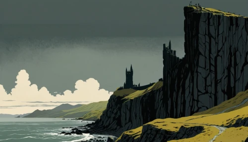 sea stack,cliffs,the cliffs,orkney island,ruined castle,imperial shores,north sea coast,isle of skye,cliff coast,split rock,limestone cliff,sea caves,north sea,cliff top,ghost castle,nordland,stone towers,cliffs ocean,scottish folly,the coast,Illustration,Japanese style,Japanese Style 08