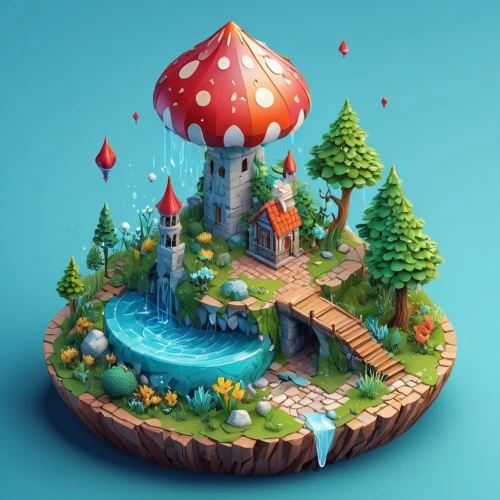mushroom landscape,mushroom island,floating island,fairy house,fairy village,fairy chimney,wishing well,3d fantasy,fairy world,tiny world,floating islands,fairy tale castle,fantasy city,forest mushroom,terrarium,fantasy world,fairy tale icons,gnome and roulette table,toadstool,fairy forest,Unique,3D,Isometric