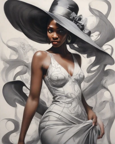 black woman,african american woman,the hat of the woman,fashion illustration,woman's hat,beautiful african american women,beautiful bonnet,oil painting on canvas,the hat-female,african woman,art deco woman,black women,black hat,nigeria woman,white lady,the enchantress,fantasy art,mrs white,tiana,afro american