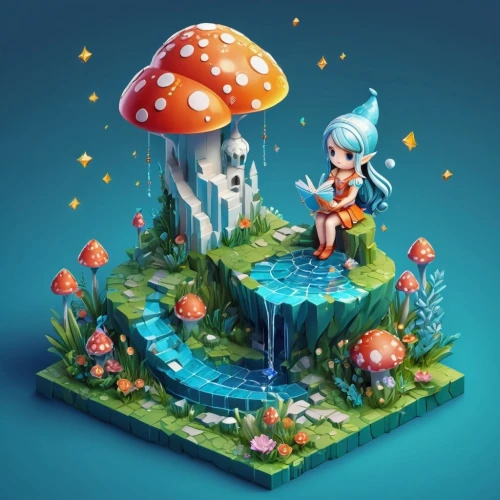 mushroom landscape,mushroom island,wishing well,fairy world,fairy house,fairy village,fairy stand,fairy chimney,3d fantasy,fairy forest,floating island,aqua studio,forest mushroom,underwater playground,toadstool,tiny world,aquarium,fairy galaxy,mushroom type,3d figure,Unique,3D,Isometric