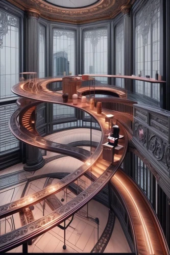 futuristic art museum,sky space concept,futuristic architecture,circular staircase,winding staircase,orrery,spiral staircase,pendulum,vertigo,futuristic landscape,helix,winding steps,concept art,metropolis,staircase,jewelry（architecture）,supersonic transport,stage design,panopticon,musical dome