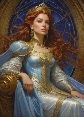 fantasy portrait,golden crown,zodiac sign libra,merida,blue enchantress,cinderella,andromeda,priestess,libra,fantasy woman,mary-gold,heroic fantasy,celtic queen,fantasy art,artemisia,cg artwork,joan of arc,virgo,the enchantress,mystical portrait of a girl,Illustration,Realistic Fantasy,Realistic Fantasy 03