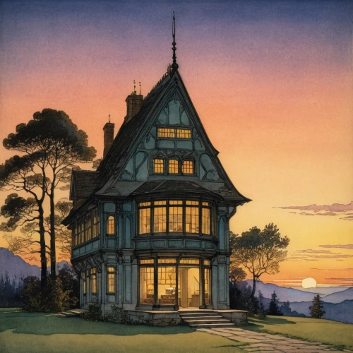 house silhouette,house painting,witch's house,model house,studio ghibli,house in the forest,witch house,wooden house,henry g marquand house,ruhl house,house drawing,summer house,doll's house,bay window,timber house,cottage,toll house,summer cottage,home landscape,house with lake,Illustration,Retro,Retro 19