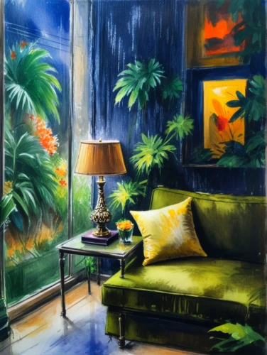 oil painting on canvas,sitting room,art painting,glass painting,oil painting,blue room,blue lamp,tropical house,oil on canvas,majorelle blue,home landscape,livingroom,apartment lounge,living room,interior decor,photo painting,fabric painting,paintings,conservatory,window treatment,Photography,General,Fantasy