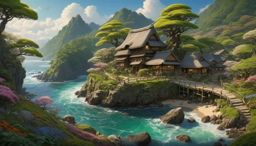 fantasy landscape,fairy village,popeye village,studio ghibli,cartoon video game background,idyllic,landscape background,home landscape,alpine village,background with stones,meteora,an island far away landscape,mountain village,mountain settlement,bird kingdom,chinese background,tsukemono,fantasy picture,aurora village,aqua studio,Illustration,Realistic Fantasy,Realistic Fantasy 03