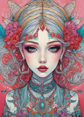 coral bells,fantasy portrait,flower fairy,flora,masquerade,digital illustration,amano,eglantine,gemini,flower girl,petals,coral,coral charm,elven flower,fairy queen,faerie,fairy peacock,fae,boho art,spring crown,Illustration,Abstract Fantasy,Abstract Fantasy 04