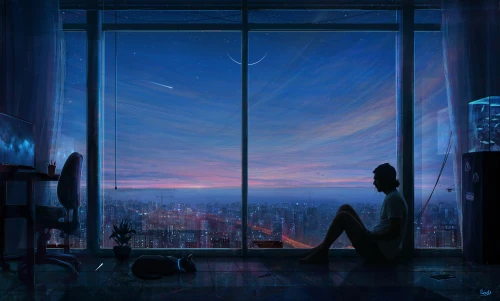 sky apartment,evening atmosphere,blue room,city lights,cityscape,evening city,the night sky,bedroom window,night sky,blue hour,windows,night scene,above the city,dusk background,blue rain,cyberpunk,citylights,window to the world,in the evening,world digital painting