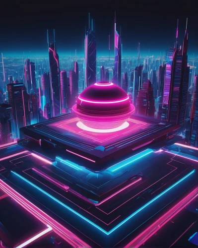 cinema 4d,futuristic landscape,80's design,metropolis,3d render,cyberspace,futuristic,neon arrows,3d background,neon light,cyberpunk,neon lights,cyber,vapor,neon coffee,neon,fantasy city,neon sign,pink squares,neon ghosts,Illustration,Japanese style,Japanese Style 17